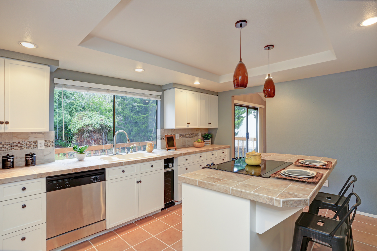 coffered vs tray ceiling tiled kitchen